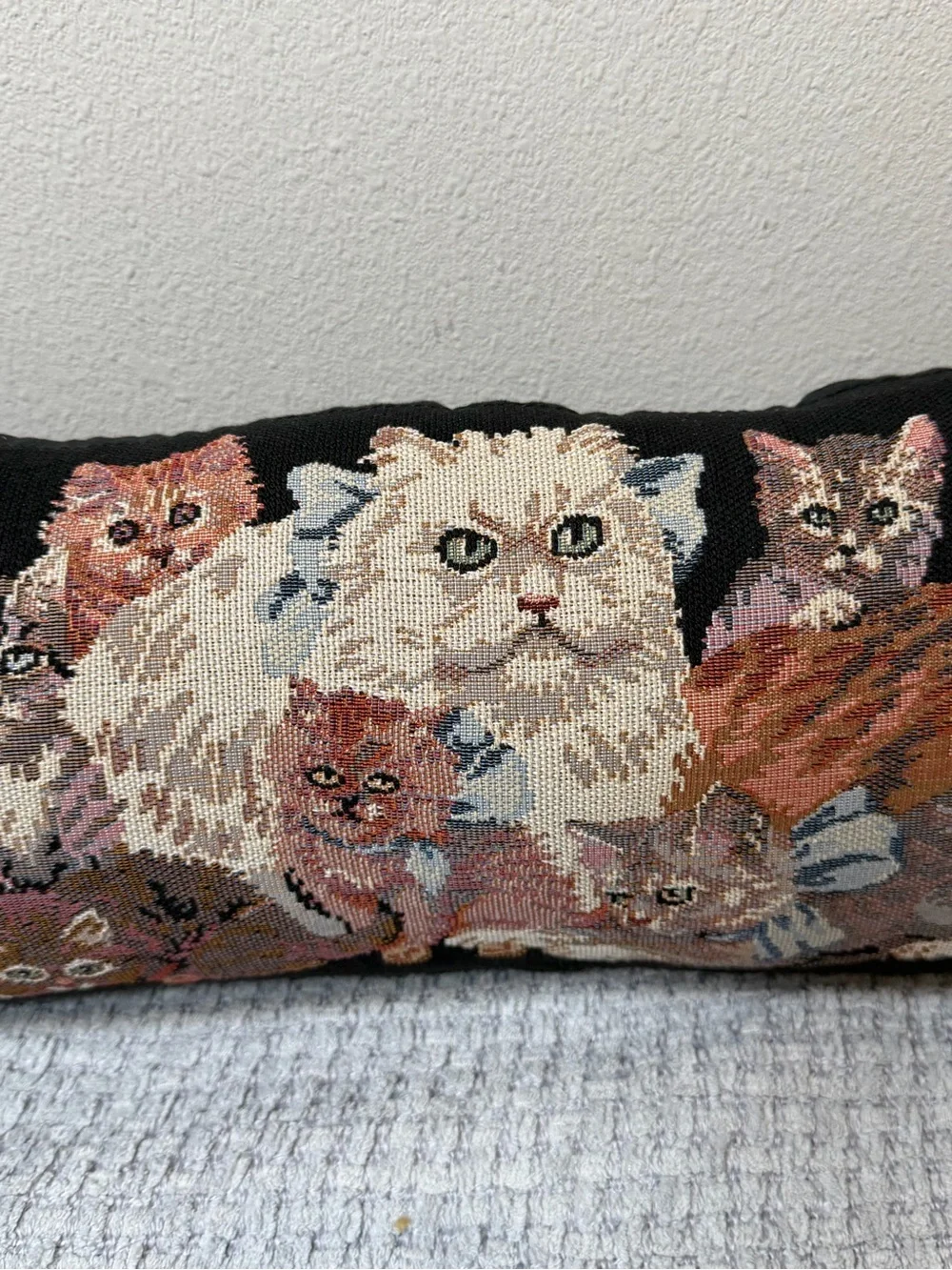 Cottagecore Kitty Cats Embroidered Tapestry Pillow Cat Decor Black Tan Ivory